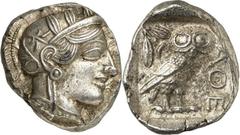 GRIECHEN ATTIKA ATHEN. Tetradrachmon (430/412 v.Chr.) 17,33g. Athenakopf m. Helm u. Ölkranz n.r. / Im Quadrat: Eule steht n.r.; r. AQE; l. Mondsichel u. Ölzweig. Svor. 12.12-24. belegt, sonst vz- 1738