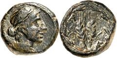GRIECHEN ÄGÄISCHE INSELN DELOS Kleruchie von Athen 454-314 v.Chr. AE-Dichalkon 12/12,5mm 1,76g. Kopf der Delia n.r. / Im Kranz: A-Q-E Paar Getreideähren. Svor. 107, 12. RR dunkelbraune Patina, ss