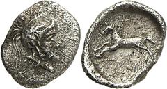 GRIECHEN LYKIEN TAG. Hemiobelion 0,27g. Athenakopf n.r. / Pferd springt n.l.; l. (lykisch:) "TAG". Wohl unpubliziert (vgl. den typengleichen Obolos, 0,68g, SNG v.Aul. 4100, mit unleserlicher Aufschrif