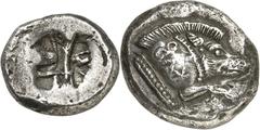 GRIECHEN LYKIEN Unbekannte Stadtkönige 480-420 v. Chr. Stater (500-480) 9,61g. Eberprotome n. rechts Perlgürtel, auf dem Rücken KYB / Unregelmäss. Quadrat als Incusum, wie mit "Arme mit Stöcken". SNG 