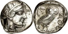 GRIECHEN ATTIKA ATHEN. Tetradrachmon (430/412 v.Chr.) 17,16g. Athenakopf m. Helm u. Ölkranz n.r. / Im Quadrat: Eule steht n.r.; r. AQE; l. Mondsichel u. Ölzweig. Svor. 12.12-24. vz-