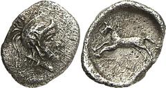 GRIECHEN LYKIEN TAG. Hemiobelion 0,27g. Athenakopf n.r. / Pferd springt n.l.; l. (lykisch:) "TAG". Wohl unpubliziert (vgl. den typengleichen Obolos, 0,68g, SNG v.Aul. 4100, mit unleserlicher Aufschrif