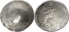 Tetradrachmon 15,59g. Buckel / [  ]IAIAIM[    ] - [  ]IMIMIM[   ] Bartloser "Zeus" aetophoros thront n.l.; l. Monogramm; unten X. Göbl,OTA 579.13 Tf. 44, Ziegaus 743 var., Slg.Lanz 929. Vorlage: Tetra