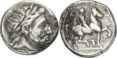 Tetradrachmon, postum (315/294 v.Chr.) 14,04g, AMPHIPOLIS, HEG(...). Zeuskopf n.r. / FILIP-POU Olympionike hoch zu Ross mit Zweig n.r.; unten L über Bukranion; r. Monogramm für HG. SNG München Tf. 47,