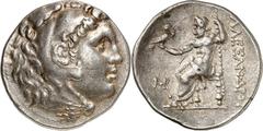 Tetradrachmon, postum (300/286 v.Chr.) 17,01g, DAMASTION (?). Herakleskopf n.r. / ALEXANDPoY Zeus aetophoros thront n.l.; l. Monogramm für HP. Price 654.