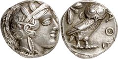 Tetradrachmon (410/380 v.Chr.) 17,3g, östlicher Beischlag. Athenakopf m. Helm u. Ölkranz n.r. / Im Quadrat: Eule steht n.r.; Kopf v.v.; l. Ölzweig u. Mondsichel; r. AQE. Svor. 14.