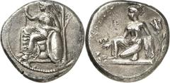 TARSOS (Tarsus). Stater (um 370 v.Chr.) 10,23g. Athena thront mit Helm, Schild und Lanze n.l.; r. junger Ölbaum / TEPSIKON Orakelszene: Mädchen kniet n.l. u. wirft Astragaloi; r. blühender Lotos. SNG 