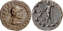 Tetradrachmon, 8,94g, Kohat. Büste mit Diadem n.r.  BASILEWS - DIKAIoY - HLIoKLEoYS / Us. Karoshti, Zeus steht v.vorn, hält Zepter und Blitzbündel, links Monogramm. Mitch. 290b.