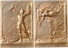 SPORT OLYMPISCHE SPIELE ATHEN - Zwischenolympiade 1906. Plakette o.J. (1906) (v. P. Vannier) z. Erinnerung. Mit Schwert u. Schild bewaffneter Athlet vor Ansicht d. Olympia- stadions mit Akropolis / Fa