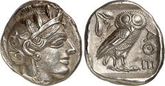 GRIECHEN ATTIKA. ATHEN. Tetradrachmon (430/412 v.Chr.) 17,22g. Athenakopf m. Helm u. Ölkranz n.r. / Im Quadrat: Eule steht n.r.; r. AQE; l. Mondsichel u. Ölzweig. Svor. 12.12-24. . feines Stück mit pr