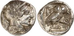 GRIECHEN ATTIKA. ATHEN. Tetradrachmon (430/412 v.Chr.) 17,31g. Athenakopf m. Helm u. Ölkranz n.r. / Im Quadrat: Eule steht n.r.; r. AQE; l. Mondsichel u. Ölzweig. Svor. 12.12-24. . Rs. kl. Prüfhieb vz