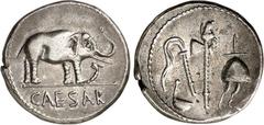 RÖMER IMPERATORISCHE PRÄGUNGEN. CAIUS IULIUS CAESAR 100-44 v. Chr. Denar (49/48 v.Chr.) 3,63g Feldmünzstätte. Elefant n. r. tritt auf Schlange, im Abschnitt CAESAR / Sakralgerät: Simpulum, Aspergillum