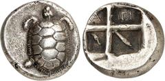 GRIECHEN AIGINA. Stater 4./3. Jh. v.Chr. 10,17g. Landschildkröte / 5-feldriges Incusum, in den Feldern A - IGI - Delphin. SNG Cop. 525. .