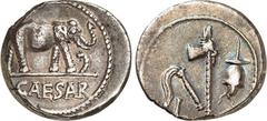 RÖMER IMPERATORISCHE PRÄGUNGEN. GAIUS IULIUS CAESAR 100-44 v. Chr. Denar (49/48 v.Chr.) 4,07g, Feldmünzstätte. Elefant schreitet n.r. und tritt auf Schlange; unten CAESAR / Sakralgerät. Cr. 443/1, BMC
