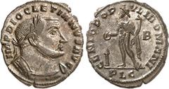 RÖMER RÖMISCHES KAISERREICH. DIOCLETIANUS Iovius 284-305. AE-Follis 28/26mm (302/304) 8,75g, Lyon, 2. Off. Büste wie vor IMP DIOCLETIANVS . AVG / GENIO POP-VLI ROMANI Genius steht nackt, mit Modius, P