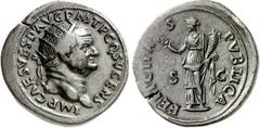 RÖMER RÖMISCHES KAISERREICH. VESPASIANUS 69-79. AE-Dupondius (74) 12,71g. Kopf m. Strkr. n.links IMP CAES VESP AVG P M T P COS V CENS / FELICITA-S - PVBLICA - S - C Felicitas steht n.l. RIC 555, II 71