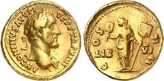RÖMER RÖMISCHES KAISERREICH. ANTONINUS PIUS Augustus 138-161. Goldquinar (150/151) 3,61g. Belorbeerte Büste mit Ägis n.r. ANTONINVS AVG PIVS PP / COS IIII LIB VI Liberitas mit Abacus und Standarte ste