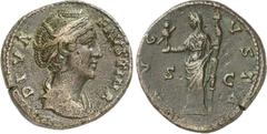 RÖMER RÖMISCHES KAISERREICH. Diva Faustina senior z.Z. Antoninus Pius 141/161. AE-Dupondius 11,35g. Pallabüste n.r. DIVA - FAVSTINA / AVG-VSTA - S - C Faustina-Vesta-Ceres steht m. Palladium u. Langfa