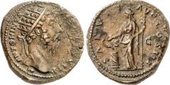 RÖMER RÖMISCHES KAISERREICH. MARCUS AURELIUS, Augustus 161-180. AE-Dupondius (171) 13,69g. Kopf mit Strahlenkrone n.r. M ANTONINVS - AVG TR P XXV / SALVTI AVGVSTAE SC Salus steht n.l. füttert Schlange