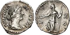 RÖMER RÖMISCHES KAISERREICH. Faustina iunior z.Z. Antoninus Pius 145-161. Denar (156/161) 3,41g. Drap. Büste n. r. FAVSTINA AVGVSTA / IVNO Juno steht n. l. vor ihr Pfau. RIC 688, C. 120. .