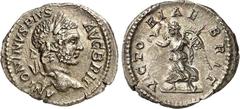 RÖMER RÖMISCHES KAISERREICH. CARACALLA, Augustus 198-217. Denar (210) 2,50g. Büste mit Lorbeerkranz n. r. ANTONINVS PIVS - AVG BRIT / VICTORIAE - BRIT Victoria schreitet mit Tropaeum n.r. RIC 231A, BM