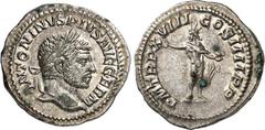 RÖMER RÖMISCHES KAISERREICH. CARACALLA, Augustus 198-217. Denar (215) 2,91g. Kopf m. Lkr. n.r. ANTONINVS PIVS AVG GERM / P M TR P XVIII - COS IIII P P Sol steht grüßend n.l. RIC 264a, BMC 139-140, C. 