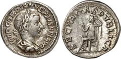 RÖMER RÖMISCHES KAISERREICH. GORDIANUS III. Augustus 238-244. Denar (Ende 239/240) 3,04g. Paludamentbüste m. Lkr. n.r. IMP GORDIANVS PIVS FEL AVG / SECVRITAS PVBLICA Securitas thront n.l. RIC 130, C. 