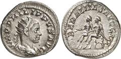 RÖMER RÖMISCHES KAISERREICH. PHILIPPUS II., Augustus 247-249. Antoninian (248) 3,81g. Drapierte Büste mit Strahlenkrone n. r. IMP PHILIPPVS AVG / LIBERALITAS AVGG III Philipp I. und II. sitzen nebenei