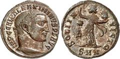 RÖMER RÖMISCHES KAISERREICH. MAXIMINUS II. Daia, Augustus 310-313. AE-Follis 21/20mm (312) 4,53g, Nicomedia, 4. Off. Kopf m. Lkr. n.r. IMP C GAL VAL MAXIMINVS P F AVG / SOLI IN-VICTO Sol steht im Prun