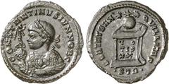 RÖMER RÖMISCHES KAISERREICH. Constantinus II. Caesar 317-337. AE-Follis 19/20mm (322/323) 3,03g, Trier, 2. Off. Paludamentbüste m. Lkr., Baculum u. Victoriolaglobus n.l. CONSTANTINVS IVN NOB C / BEATA