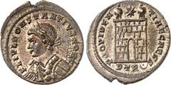 RÖMER RÖMISCHES KAISERREICH. Constantius II. Caesar 324-337. AE-Follis 19mm (326) 2,42g, Trier, 1. Off. Paludamentbüste m. Trierer Pelzchen u. Lkr. n.l. FL IVL CONSTANTIVS NOB C / PROVIDEN-TIAE CAESS 