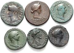 LOTS DER ANTIKE RÖMISCHES KAISERREICH. Kaiserzeit 1. bis 2. Jahrhundert. Augustus (AE-Dupondius RIC 83, AE-As RIC.68) Livia unter Titus (AE-Dupondius RIC.218), Nero /AE-As RIC.543), Domitian (Ag-Denar