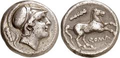 RÖMER RÖMISCHE REPUBLIK : Silbermünzen. Romano-Campanisch 326-227 v. Chr. Quadrigatus (Didrachmum) (230/226 v.Chr.) 6,68g, Rom. Kopf d. Mars mit Korintischem Helm n.r. / Galoppierendes Pfed n.r., darü