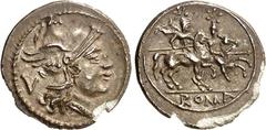 RÖMER RÖMISCHE REPUBLIK : Silbermünzen. Anonym 227-208 v. Chr. Quinar (211/209 v.Chr.) 1,83g. Kopf der Roma mit Flügelhelm n.r.; dahinter V / Dioskuren, hoch zu Ross, sprengen n.r.-; darüber je ein St