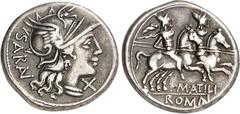 RÖMER RÖMISCHE REPUBLIK : Silbermünzen. Marcus Atilius Saranus 148 v. Chr. Denar 3,99g. Romakopf n.r.; r. X; l SARAN (AN ligiert) / Dioscuren reiten n.r.; unten M.ATILI - ROMA. Cr. 214/1b, Bab. Atilia
