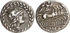 RÖMER RÖMISCHE REPUBLIK : Silbermünzen. Gnaeus Gellius 138 v. Chr. Denar 3,69g. Im Lorbeerkranz: Romakopf n.r.; l. X / Krieger (Mars ?) und Figur in Zivilkleidung in Quadriga n.r.; unten CN.GEL - ROMA