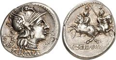 RÖMER RÖMISCHE REPUBLIK : Silbermünzen. Gaius Serveilius Marci filius 136 v. Chr. Denar 3,92g. Romakopf n.r.; l. Lorbeerkranz; unten ROMA / Dioskuren stieben auseinander; unten C. SERVEILI. M[. F.]. C