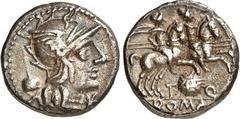 RÖMER RÖMISCHE REPUBLIK : Silbermünzen. Titus Quinctius Flamininus 126 v. Chr. Denar 3,80g. Romakopf n.r.; l. Apex / Dioscuren reiten n.r.; unten T - Rundschild - Q - ROMA. Cr. 267/1, Syd. 505, BMC 10