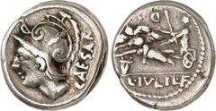 RÖMER RÖMISCHE REPUBLIK : Silbermünzen. Lucius Iulius Lucii filius Caesar 103 v. Chr. Denar (Charge 16) 3,78g. Marskopf n.l.; r. CAESAR / Venus genetrix in Cupidines-Biga n.l.; l. Lya; oben .L; unten 