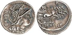 RÖMER RÖMISCHE REPUBLIK : Silbermünzen. Lucius Sentius Gaii filius 101 v. Chr. Denar 4,02g. Romakopf n.r. ARG PVB (z.T. ligiert) / L SENTI C F Iupiter in Quadriga n.r.; oben H. Cr. 325/1b, BMC 1651ff,