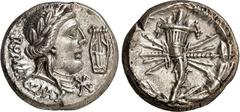 RÖMER RÖMISCHE REPUBLIK : Silbermünzen. "Quintus Maximus", postum 82-80 v. Chr. Denar 3,84g. Apollokopf n.r.; r. Lyra ROMA Q MAX / Füllhorn auf Fulmen im Kranz. Cr. 371.1, Bab. Fabia 6. . R ss+