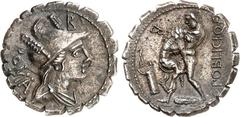 RÖMER RÖMISCHE REPUBLIK : Silbermünzen. Gaius Poblicius Quinti filius 80 v. Chr. Denar (serratus) 3,58g. Drapierte Büste der Roma mit Phrygischem Helm (mit Adler und zwei seitlichen Federn) n.r.; darü