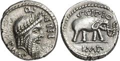 RÖMER RÖMISCHE REPUBLIK : Silbermünzen. Quintus Caecilius Metellus Pius Scipio Imperator 47-46 v. Chr. Denar 4,00g, Mzst. in Africa. Iupiterkopf n.r. Q METEL - PIVS / SCIPIO - IMP Elefant schreitet n.