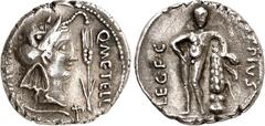 RÖMER RÖMISCHE REPUBLIK : Silbermünzen. Quintus Caecilius Metellus Pius Scipio Imperator 47-46 v. Chr. Denar 3,60g, Feld-Mzst. in Africa. Africakopf mit Elefantenexuvie neben Ähre über Pflug n.r. Q. M
