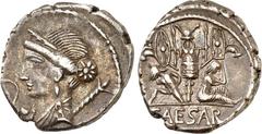 RÖMER IMPERATORISCHE PRÄGUNGEN. GAIUS IULIUS CAESAR 100-44 v. Chr. Denar (46/45 v.Chr.) 3,84g, mobile Münzstätte in Spanien. Kopf der Venus mit Diadem und Sceptrum n.l.; davor Cupido und Lituus / Gall