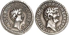 RÖMER IMPERATORISCHE PRÄGUNGEN. MARCUS ANTONIUS und "CAESAR" (Augustus) 44-31 v. Chr. Denar (41 v.Chr.) 3,68g, mobile Mzst. des Marc Anton. Kopf n.r. [M. ANT. IM]P. AVG. III. VIR. R.P.C. M. BARBAT. Q.