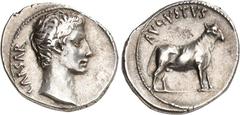 RÖMER RÖMISCHES KAISERREICH. AUGUSTUS 27 v. Chr. -14 n. Chr. Denar (um 21/20 v.Chr.) 3,45g, Samos (?). Kopf n.r.; dahinter CAESAR / Stier steht n.r.; darüber AVGVSTVS. RIC 475, BMC 663, C. 28. . dunkl