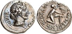 RÖMER RÖMISCHES KAISERREICH. - Mzm. Decimus Petronius Turpilianus 19 v. Chr. Denar 3,83g. Kopf des Liber mit Efeukranz n.r. [TVRP]ILIANVS - III VIR / CAESAR - AVGVSTVS SIGN R-ECE Parther kniet n.r. un