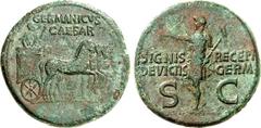 RÖMER RÖMISCHES KAISERREICH. Germanicus, Vater d. Caligula, Bruder d. Claudius 15 v. Chr. -19 n. Chr. AE-Dupondius, postum (37/41) 14,77g. Germanicus fährt in Triumphalquadriga paradierend n.r.; darüb