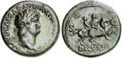 RÖMER RÖMISCHES KAISERREICH. NERO 54-68. AE-Sesterz (65) 24,2g, Lyon. Kopf mit Lorbeerkranz n. r. NERO CLAVD CAESAR AVG GER P M TR P IMP P P / DECVRSIO - S - C Nero mit Adjutant beim Defilé n. r. RIC 